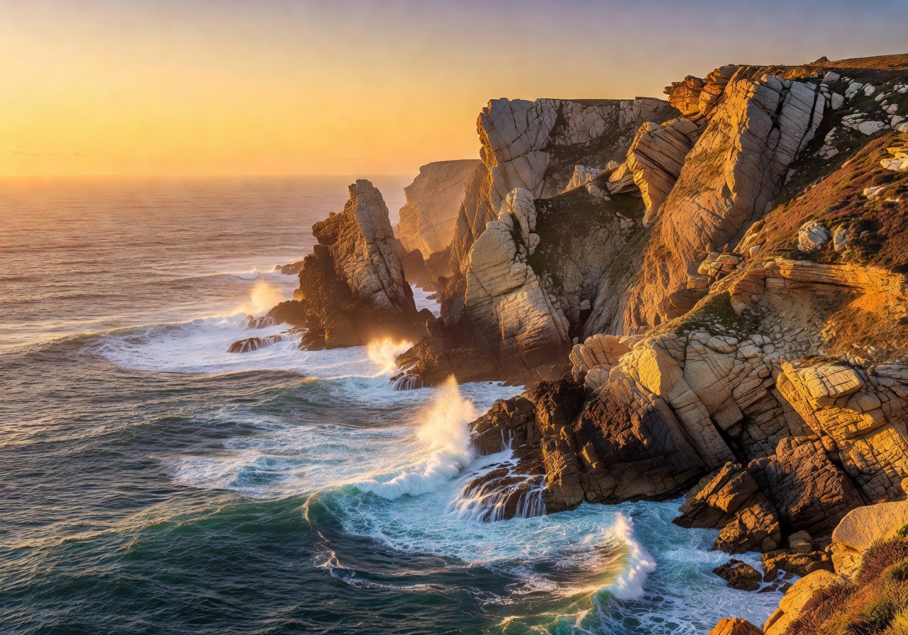 Coastal cliffs and sea at golden hour