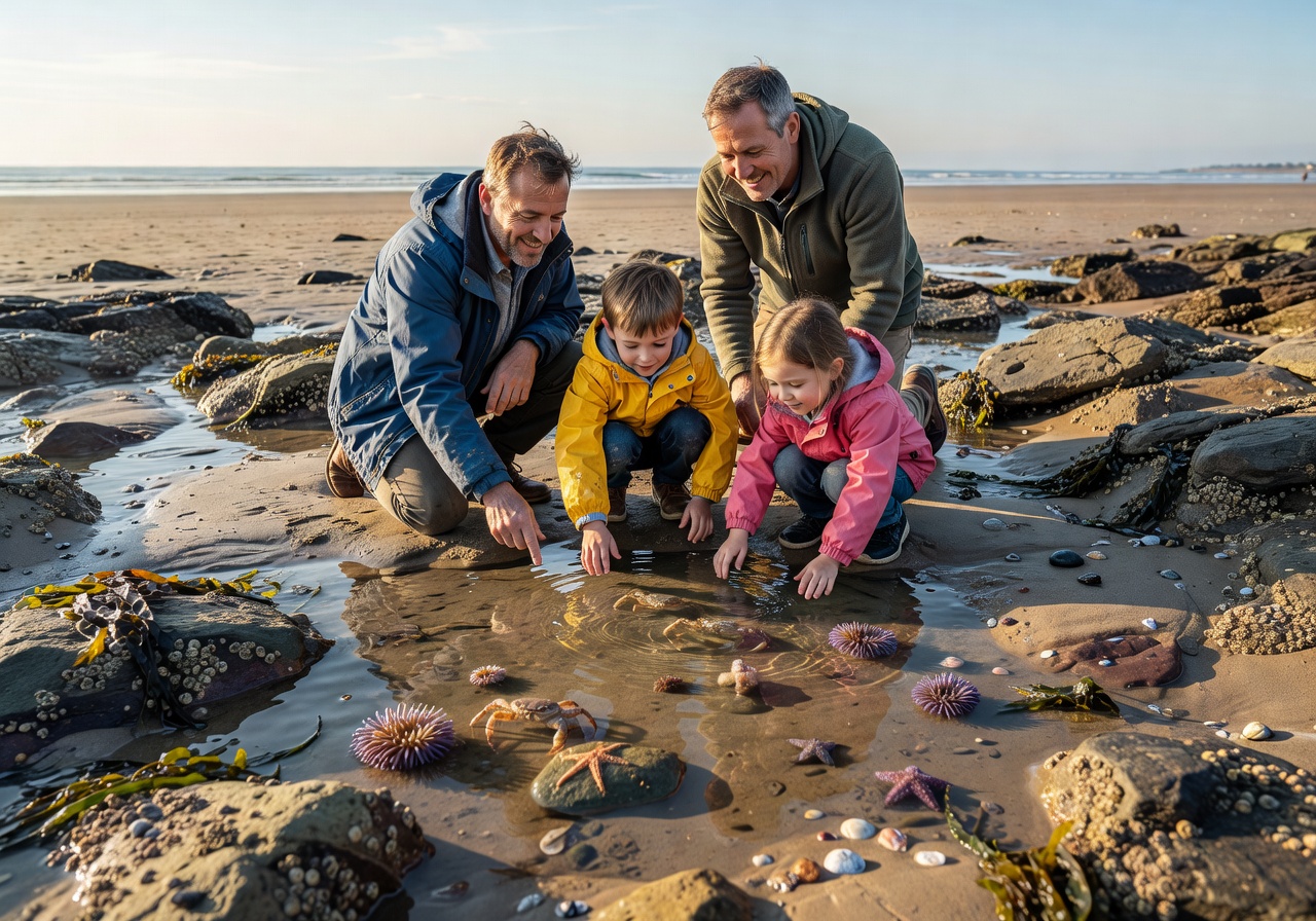 Family exploring rockpools on beach at low tide