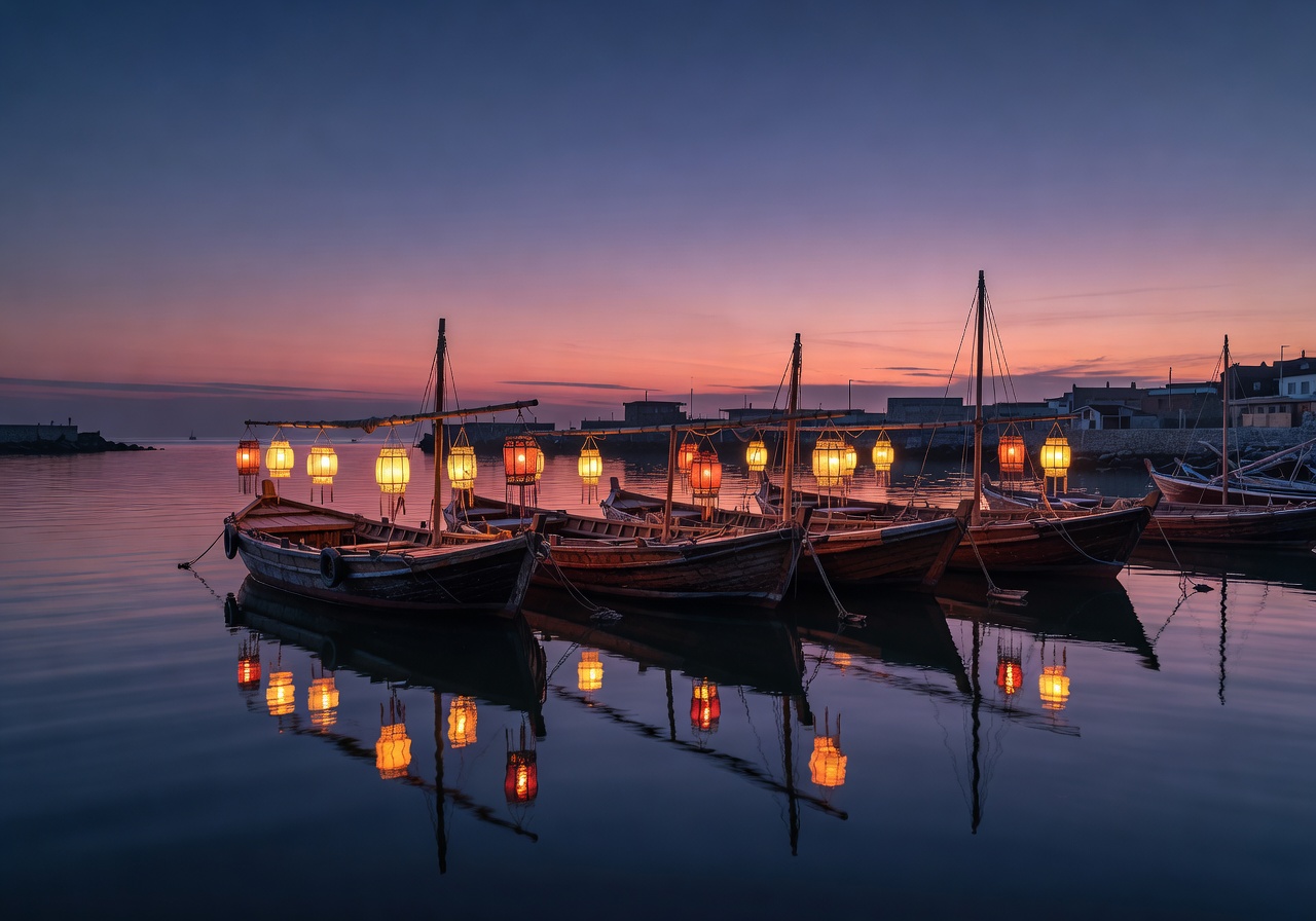 Harbour at dusk with lanterns and wooden boats