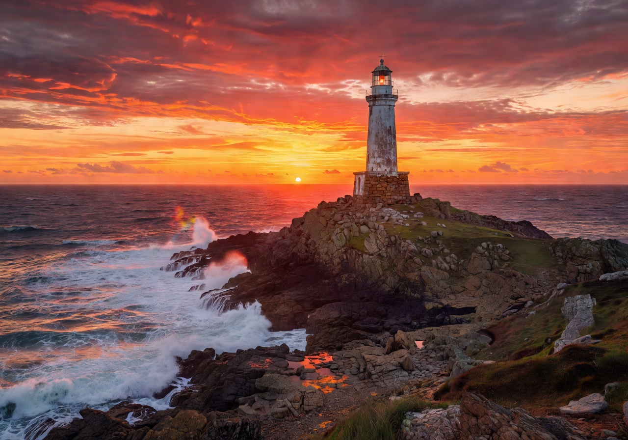 Lighthouse on rocky promontory at sunset