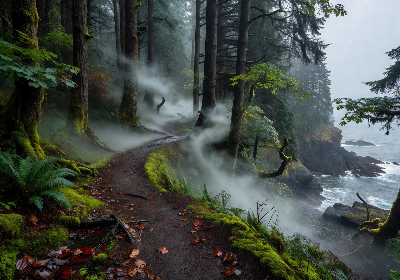 Misty forest path leading to the sea