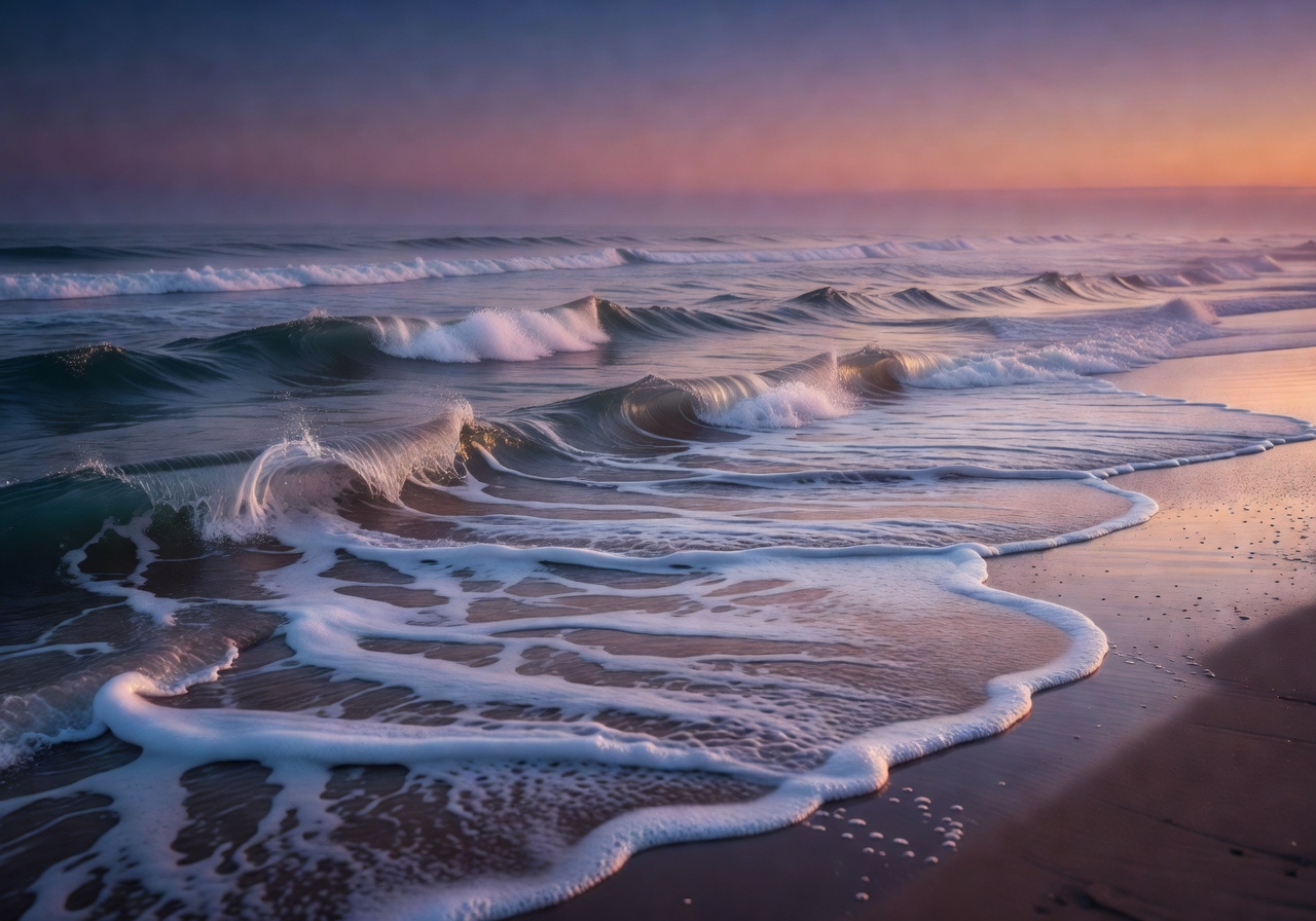 Ocean waves with soft foam at dusk