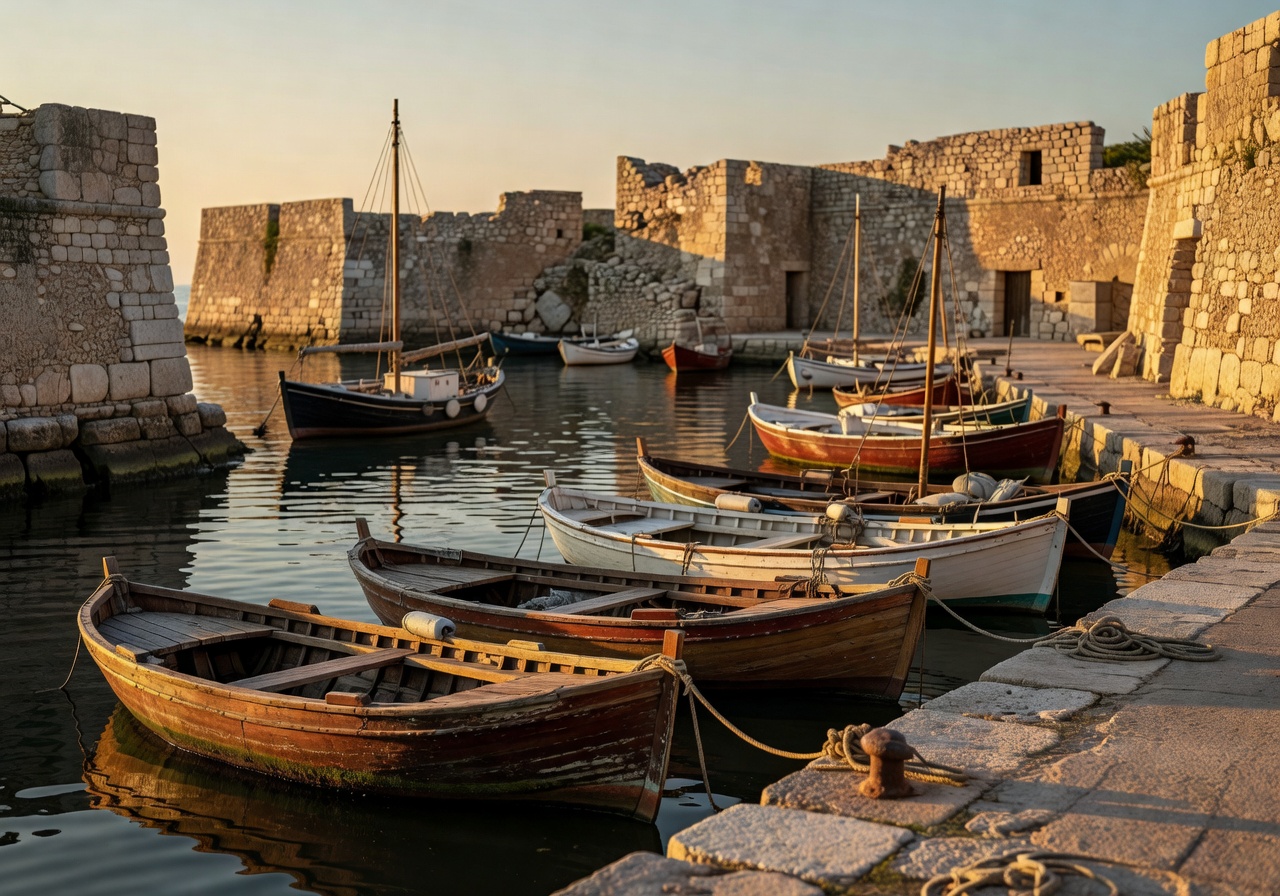 Old harbour with wooden fishing boats and stone walls at golden hour