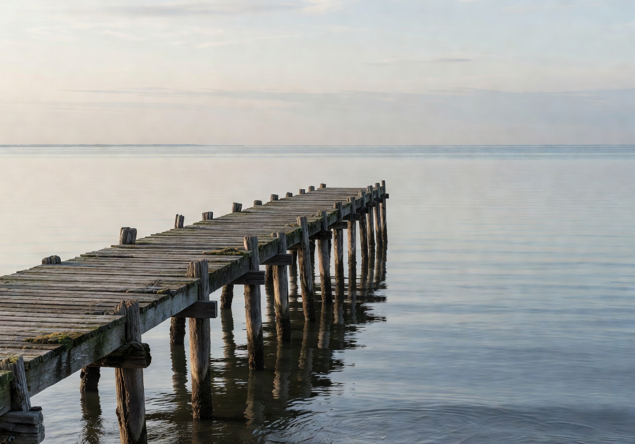 Old wooden pier extending into calm waters