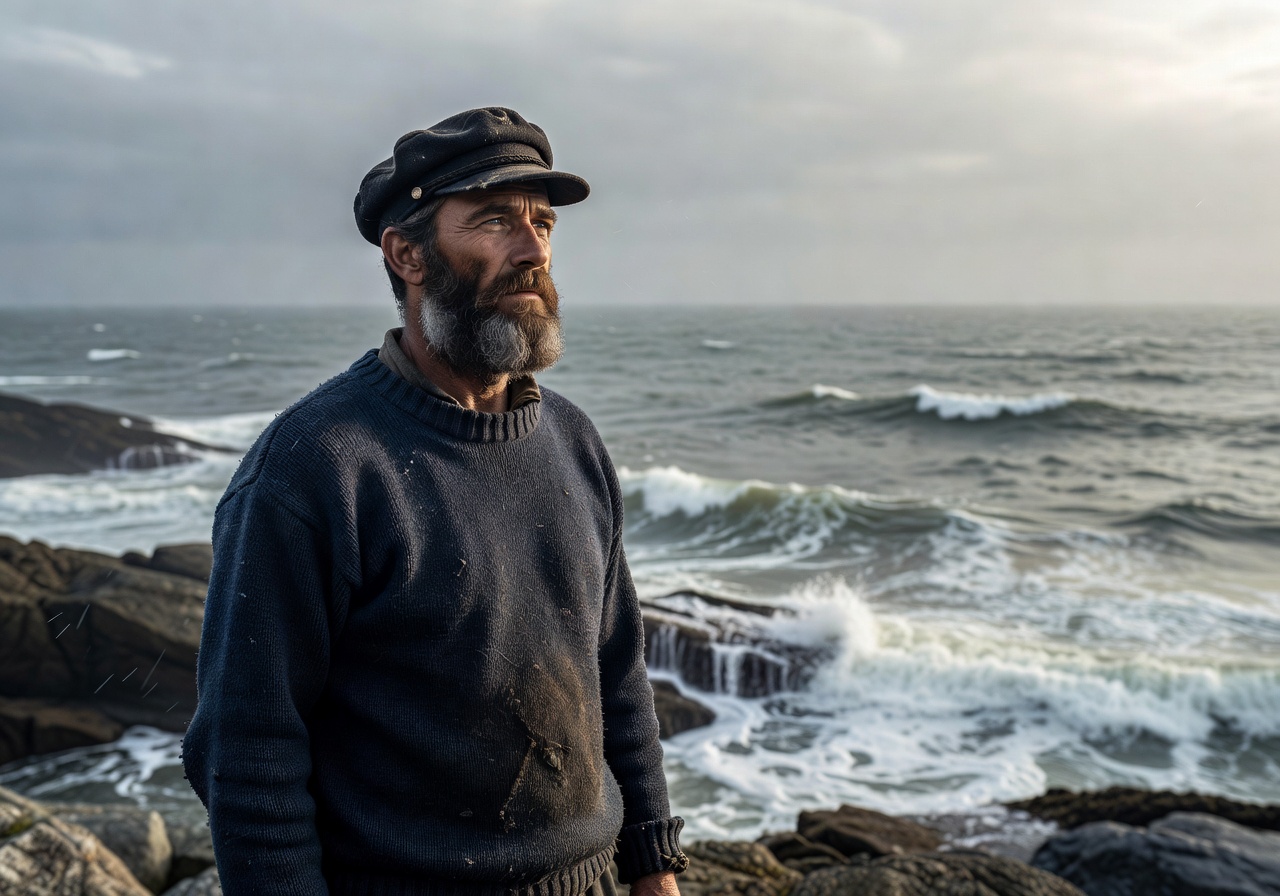 Portrait of bearded man wearing fisherman's cap looking out to sea
