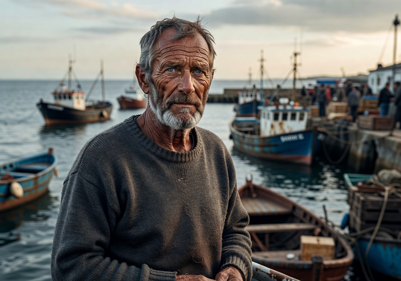 Portrait of older man with weathered face wearing wool jumper near harbour