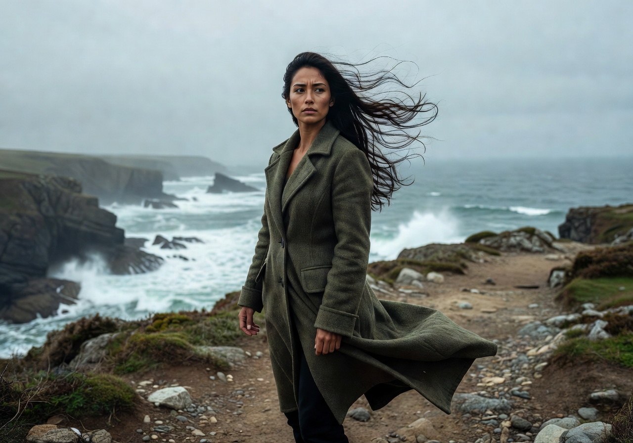 Portrait of woman with windswept hair standing on coastal path