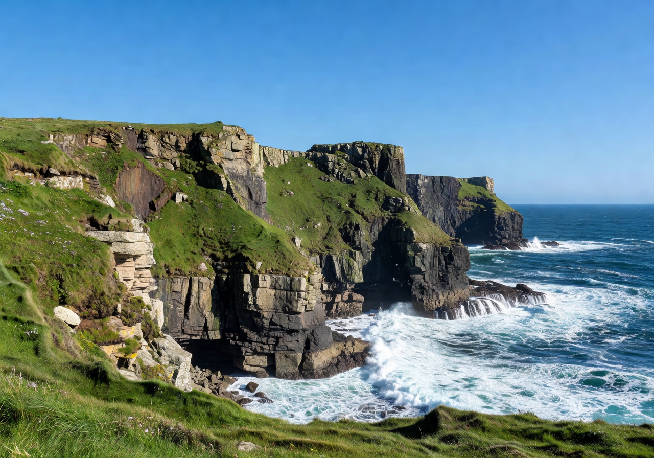 Sea cliffs with green grass under blue sky