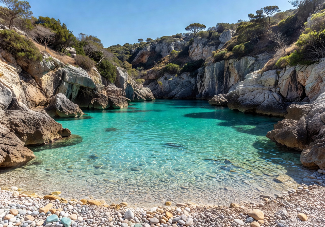 Secluded turquoise cove with smooth pebbles