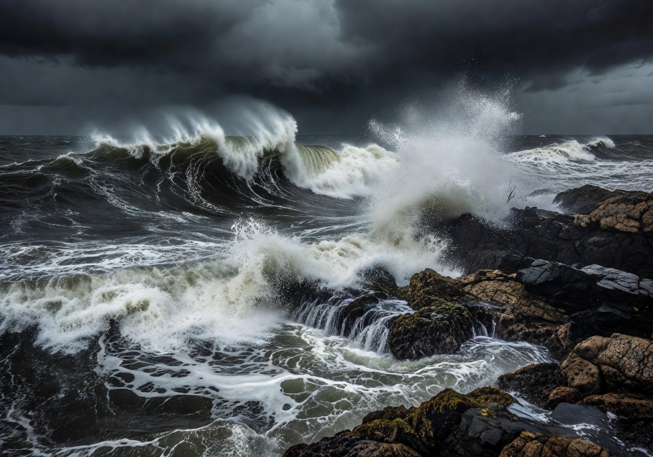 Stormy seas breaking against rocky shore