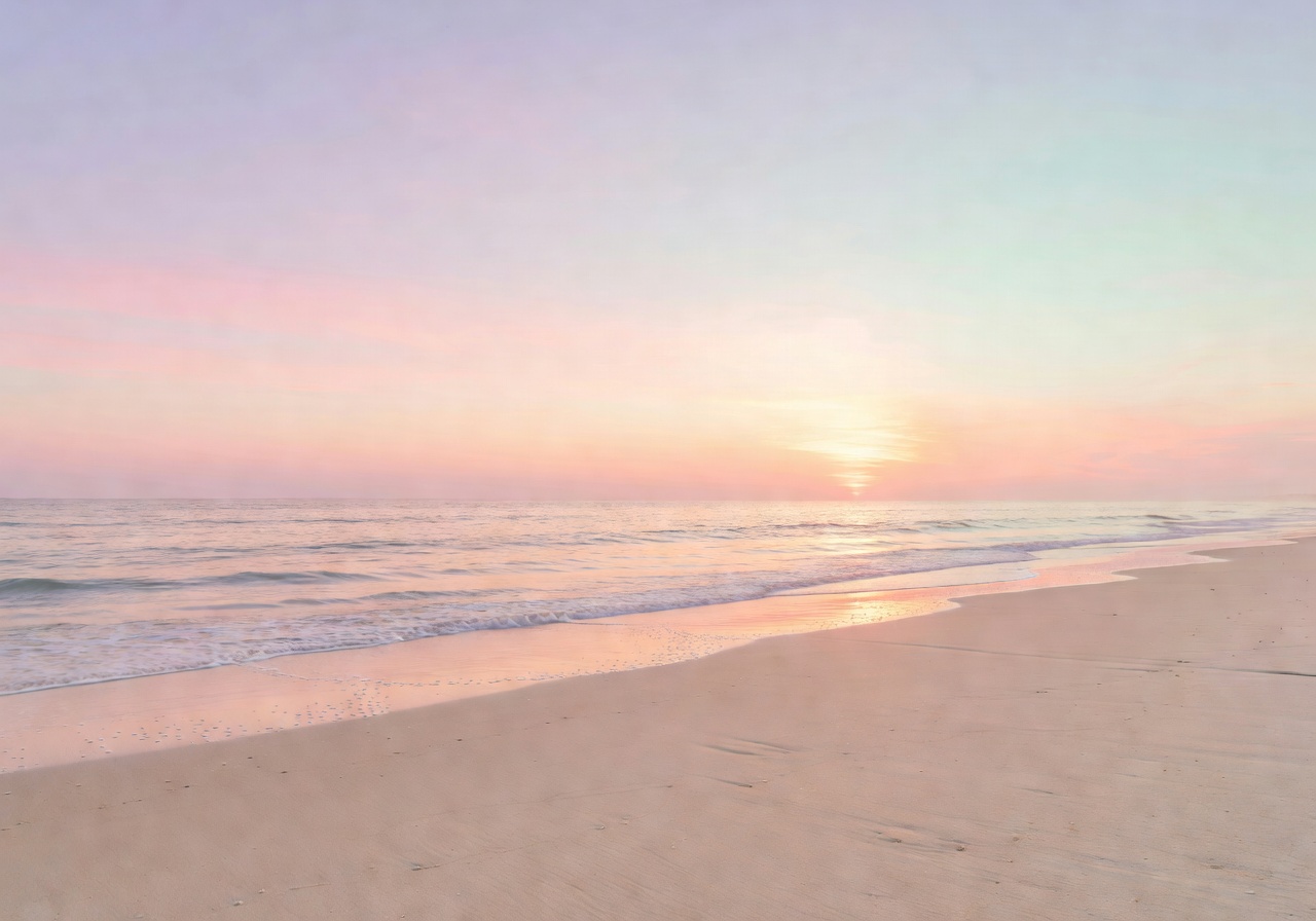 Sunrise over beach with soft pastel sky