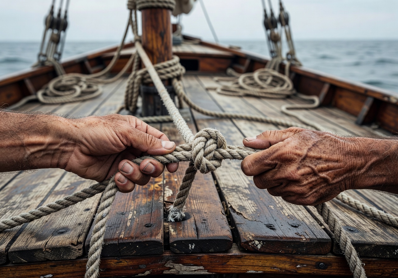 Weathered hands tying a sailor's knot on a wooden boat